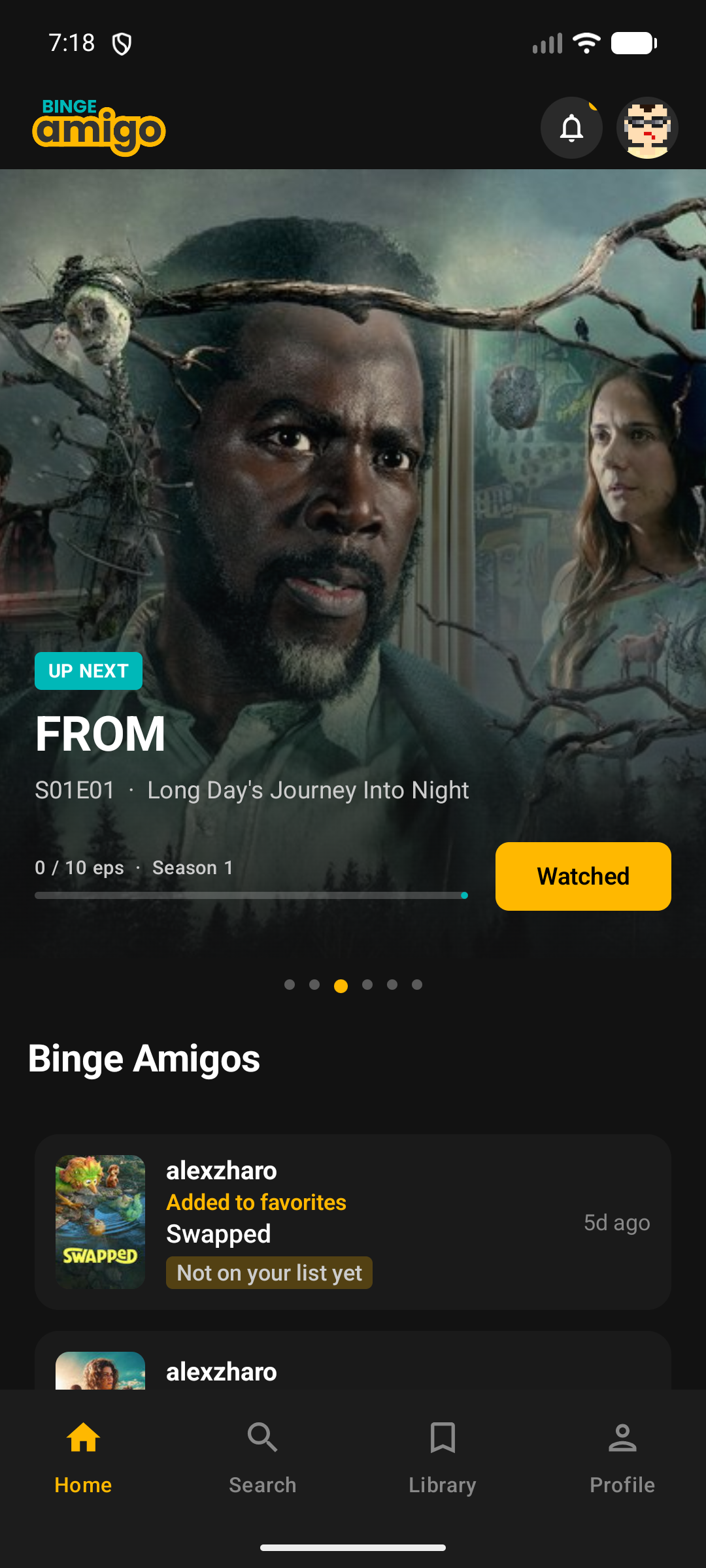 Home feed showing friends' latest watches and reviews